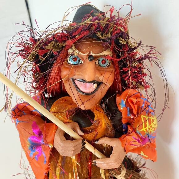 Animated Halloween Witch Decor Laugh Cackle Spin Light Up Sound Broom Hat Orange - Picture 2 of 8